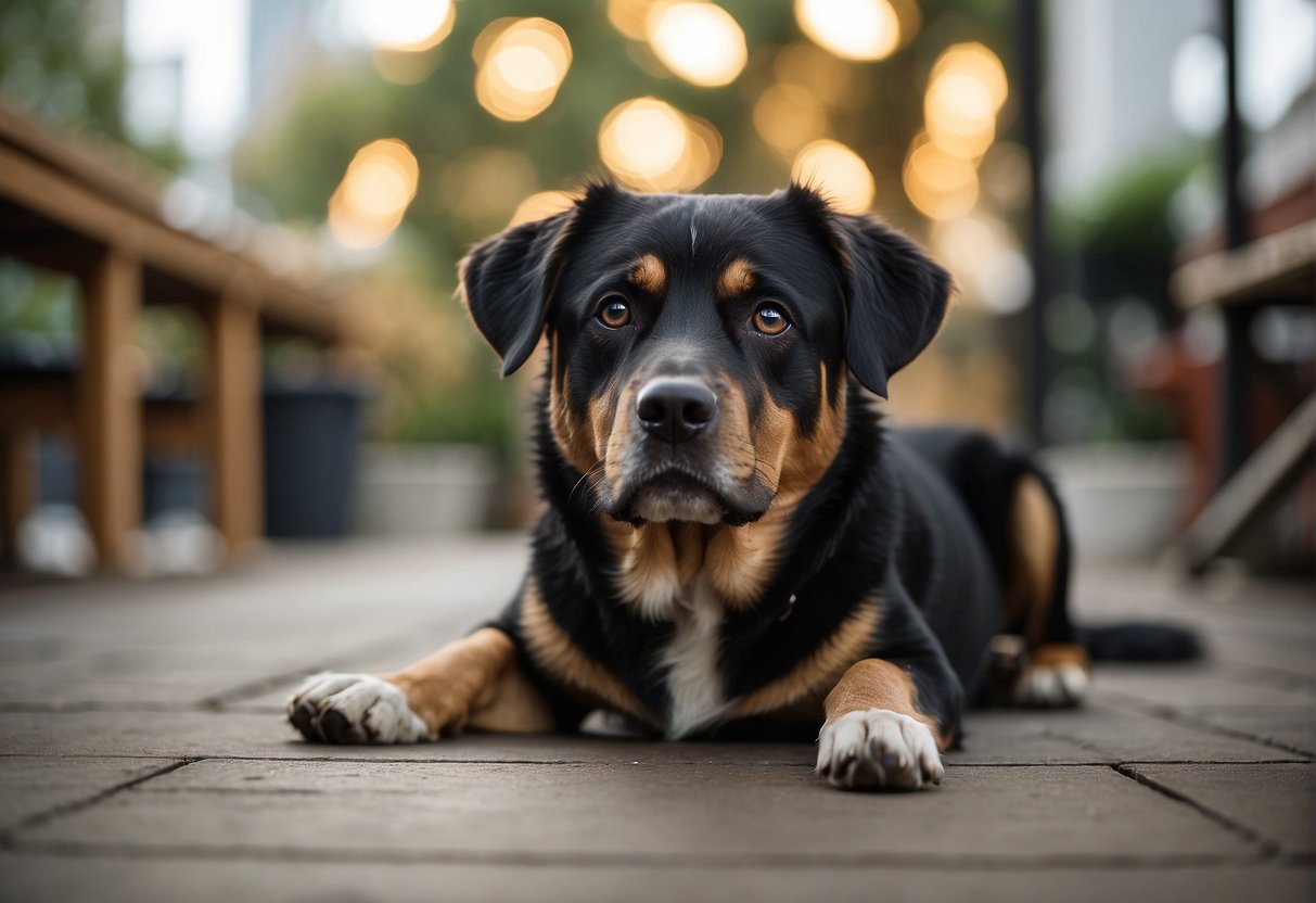 A dog sits on the floor, gazing up at its owner with big, soulful eyes, its head slightly tilted in curiosity