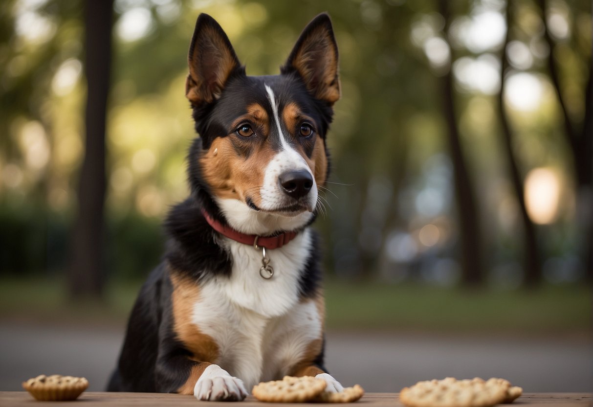 A dog sits attentively, gazing up at its owner with big, pleading eyes. The owner holds a treat, using the "look" command to train the dog