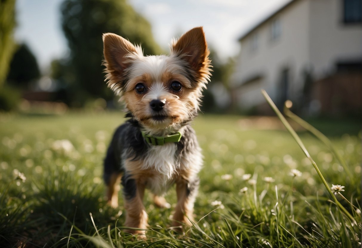 A small dog with green paws stands in a yard, surrounded by patches of grass. Some areas are brown and wilted, while others are lush and green