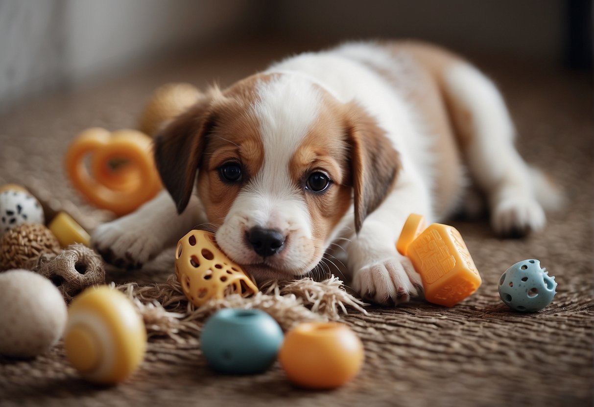 A playful puppy surrounded by chewed objects, with a variety of textures and shapes. A teething toy lies nearby, untouched