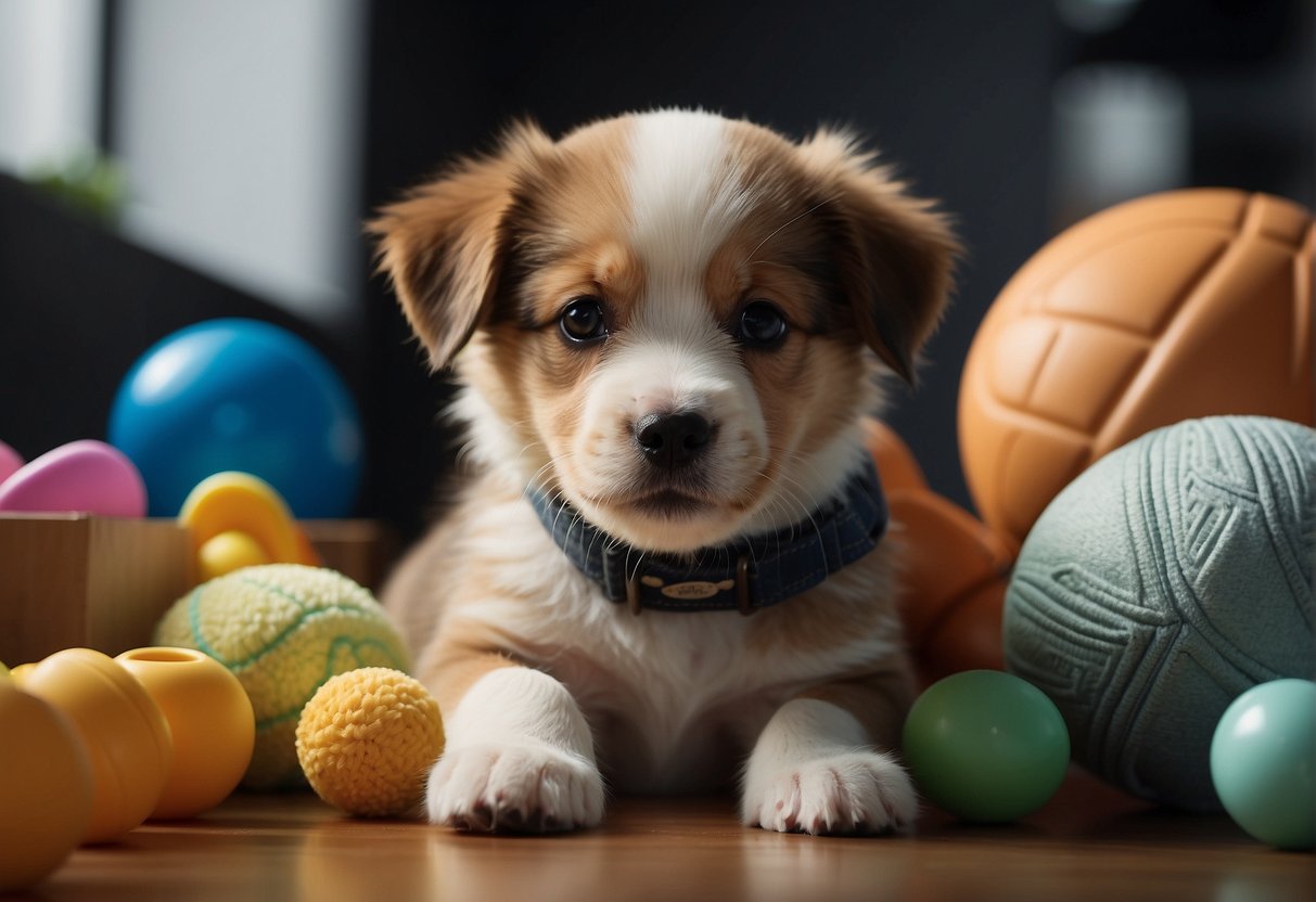 A playful puppy chews on a variety of objects, including shoes, furniture, and toys, as it navigates through the teething phase