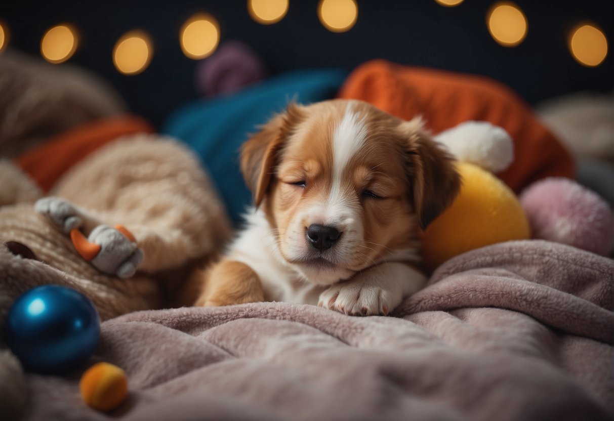 A sleeping puppy, curled up in a cozy bed, surrounded by toys and blankets, with a peaceful expression on its face