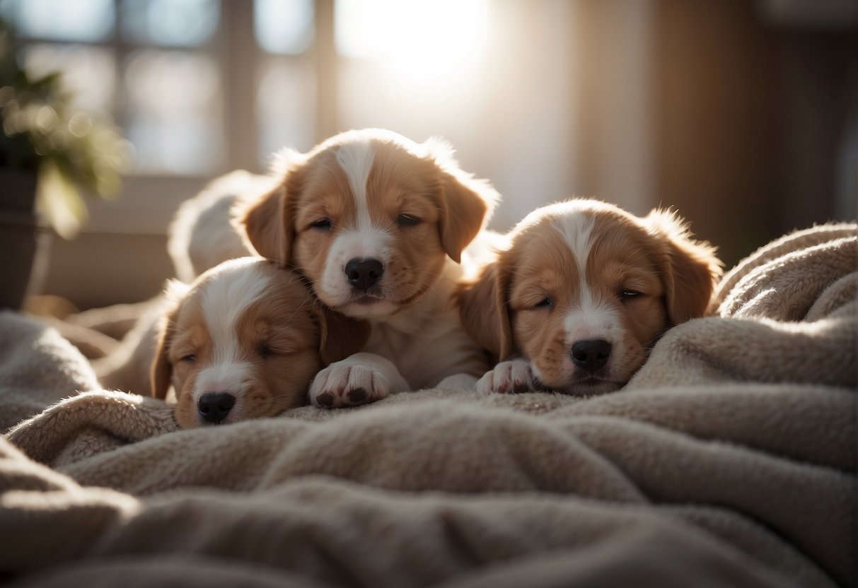 A litter of puppies snoozing peacefully in a cozy, sunlit corner of a room, nestled together in a pile of soft blankets