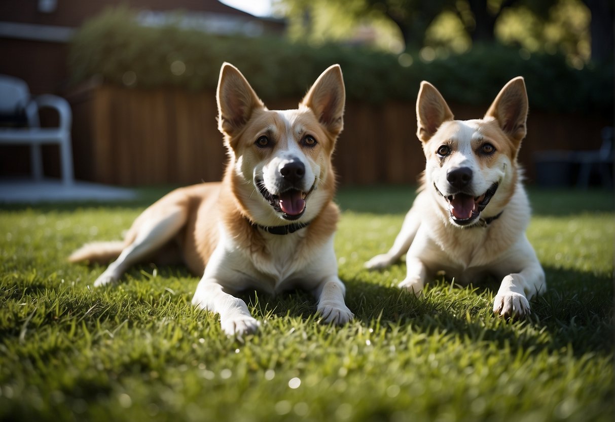 Two dogs munching on green grass in a backyard. One dog has a puzzled expression while the other seems content