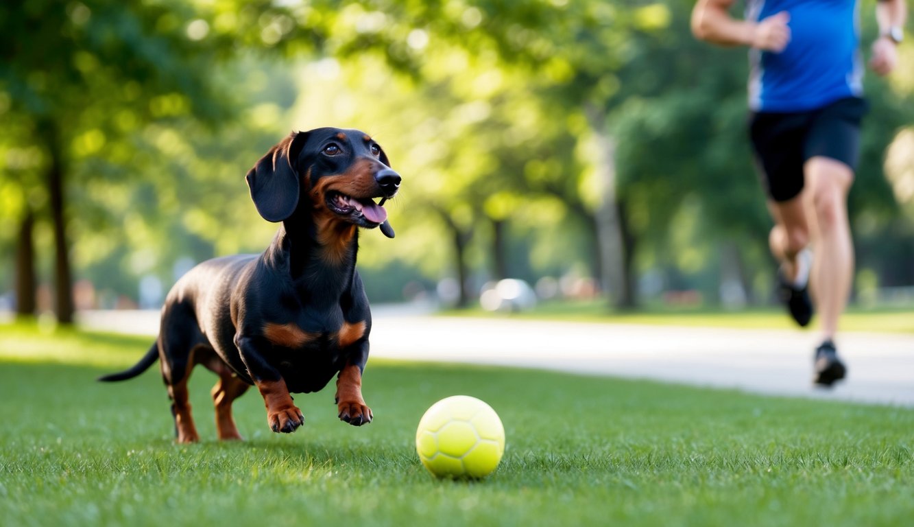 A dachshund happily playing fetch in a park, while a person jogs nearby