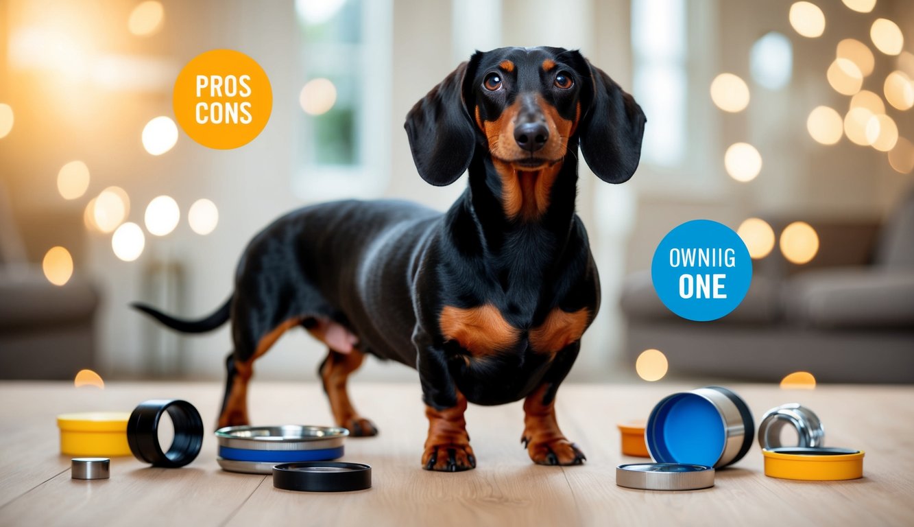 A dachshund standing proudly with its long body and short legs, surrounded by various objects representing the pros and cons of owning one