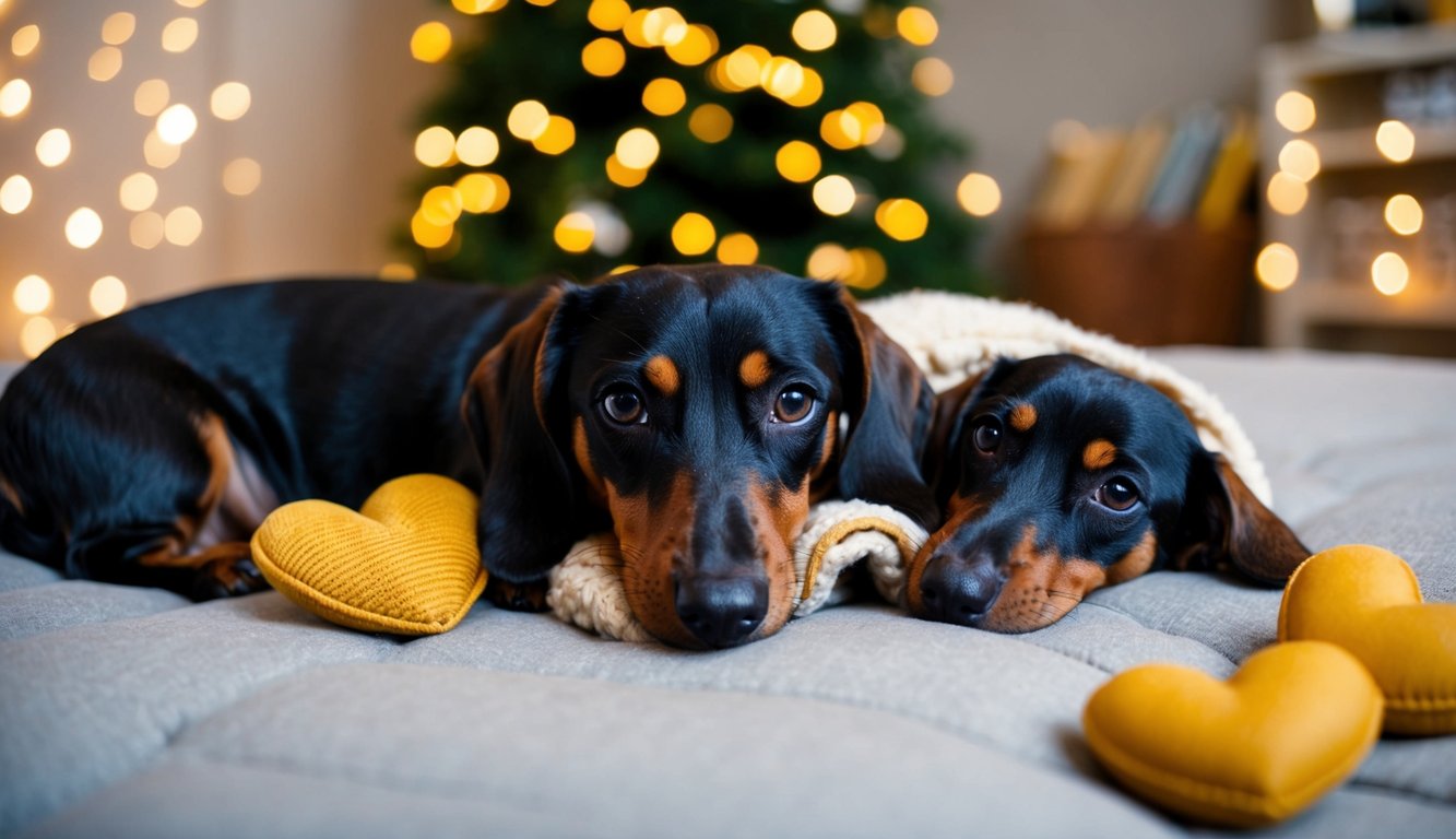 A dachshund snuggled up with its family, surrounded by love and affection
