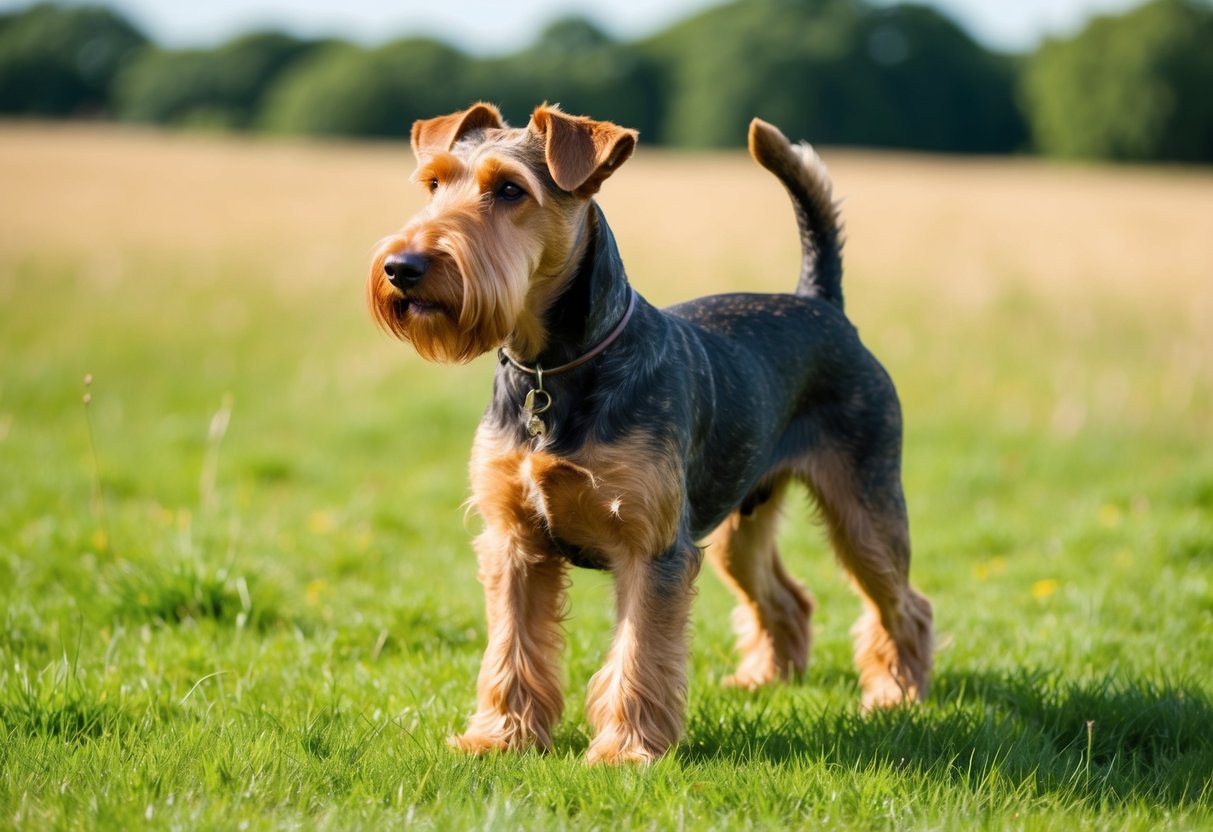 A proud Airedale Terrier stands alert in a grassy field, its wiry coat glistening in the sunlight as it gazes off into the distance