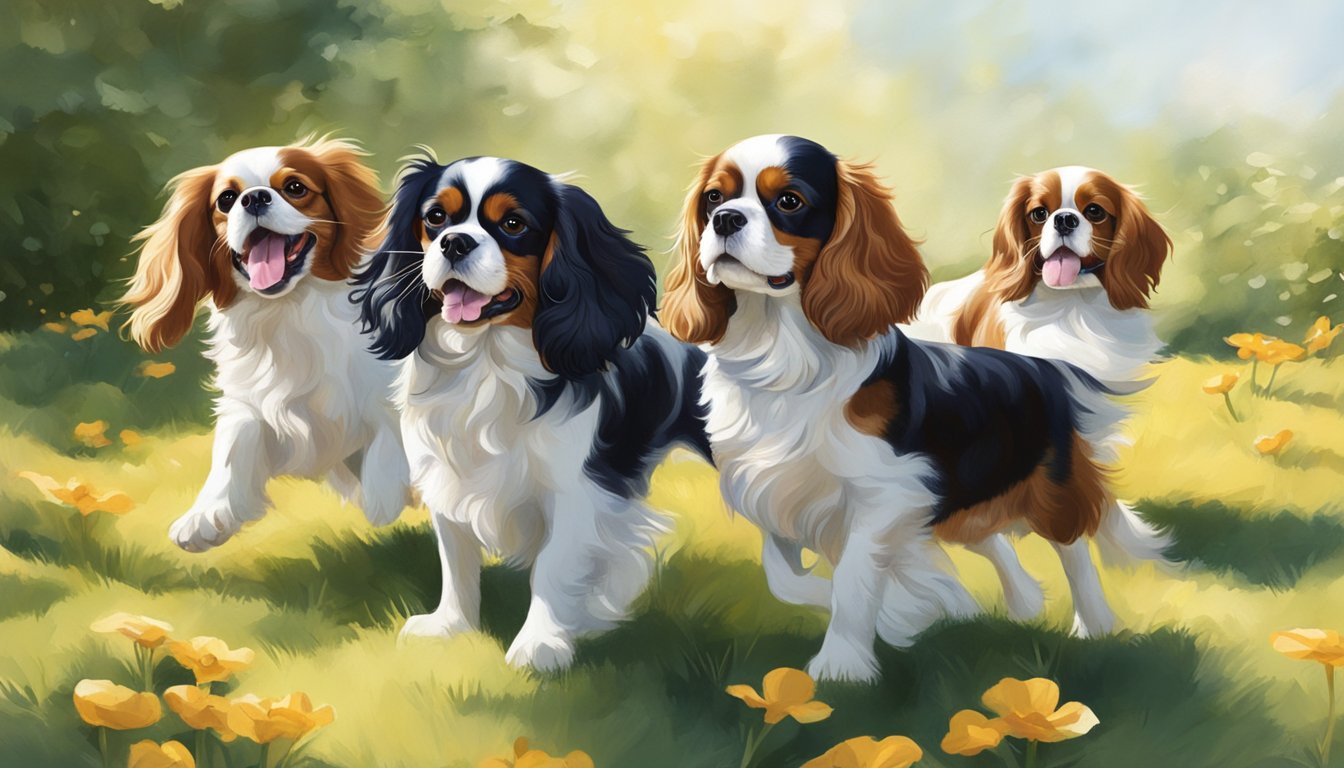 A group of Cavalier King Charles Spaniels playing in a sunlit garden