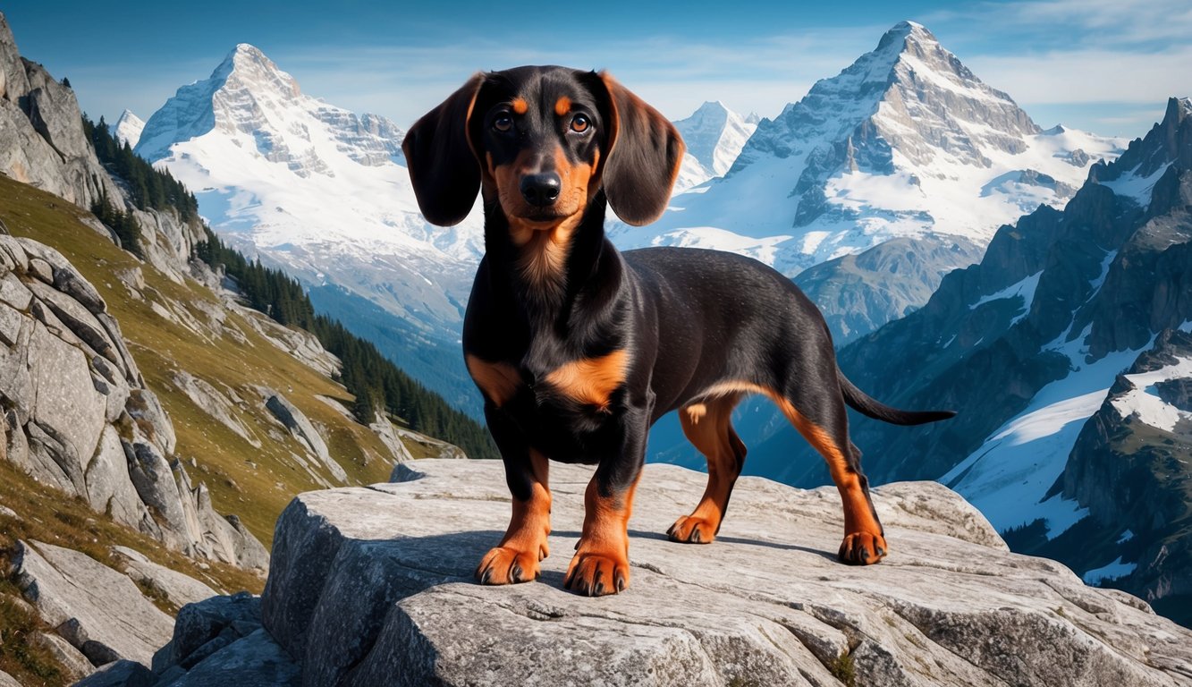 A young Alpine Dachsbracke stands proudly on a rocky alpine ridge, with snow-capped peaks in the background