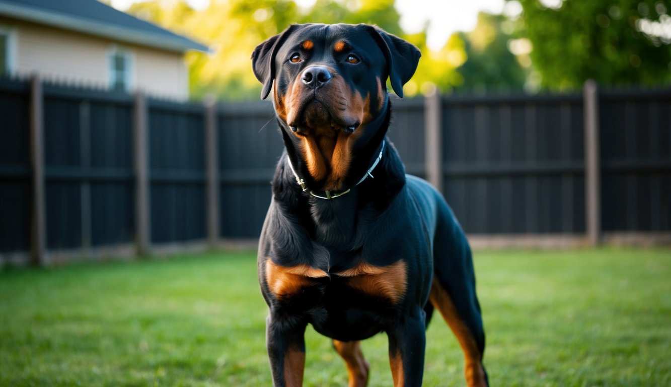 A Rottweiler standing proudly in a fenced yard, gazing out at its surroundings with a vigilant and protective demeanor
