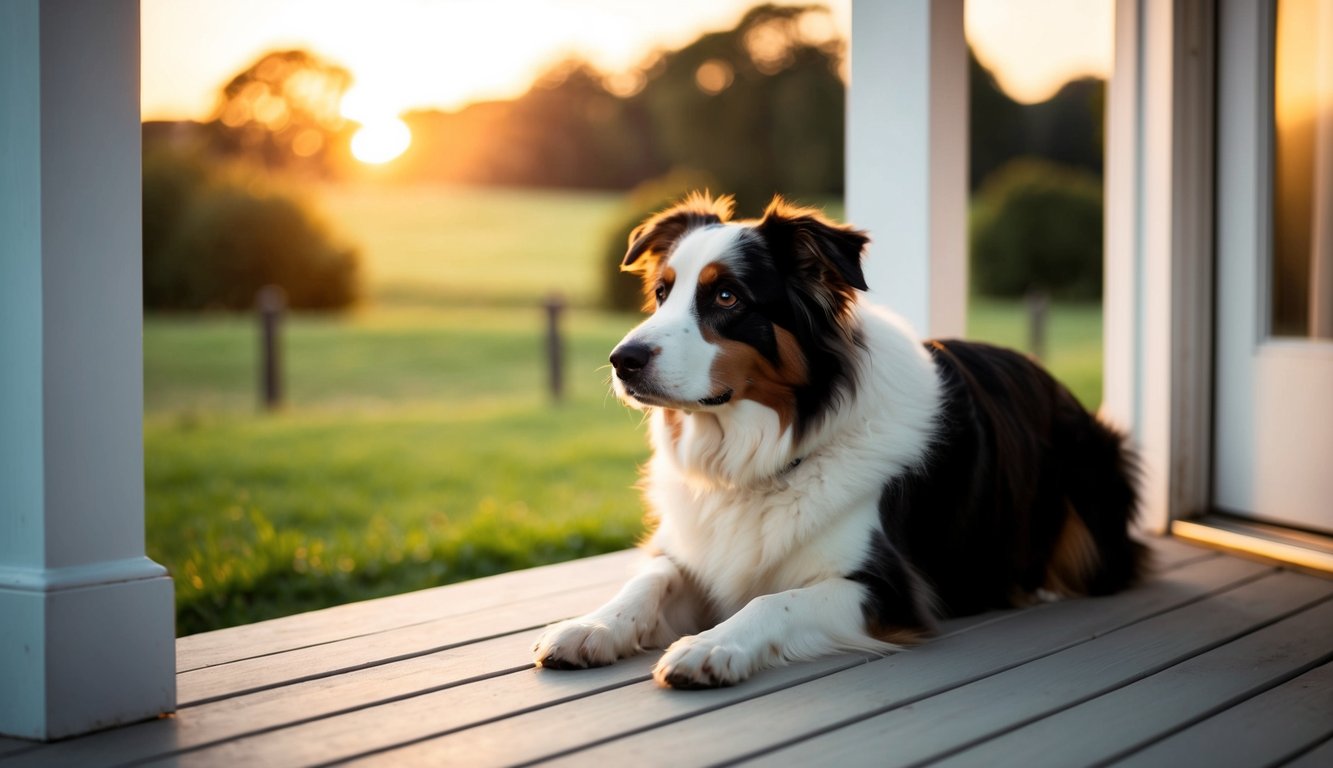 An Australian Shepherd lies on a front porch, looking out at a peaceful countryside. The sun is setting, casting a warm glow over the scene