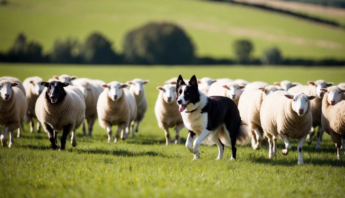 A Border Collie herding sheep in a green, open field on a sunny day