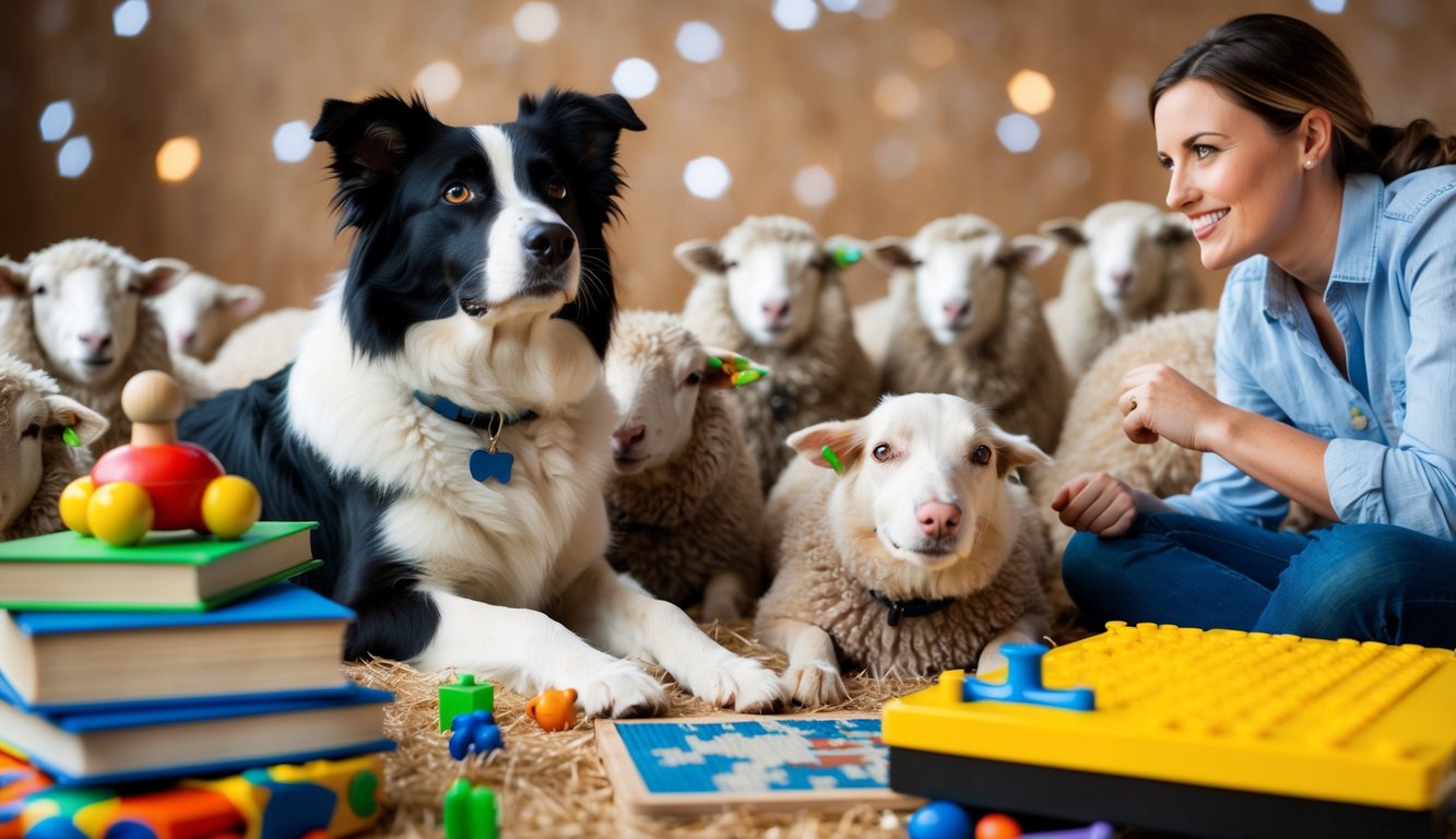 A Border Collie surrounded by toys, books, and a puzzle. It looks intently at a group of sheep, while its owner watches proudly