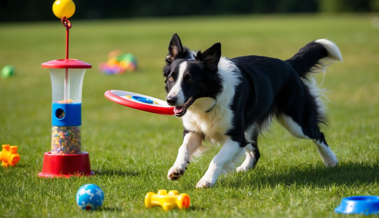 A Border Collie eagerly fetching a frisbee in a grassy field, surrounded by scattered toys and a puzzle feeder