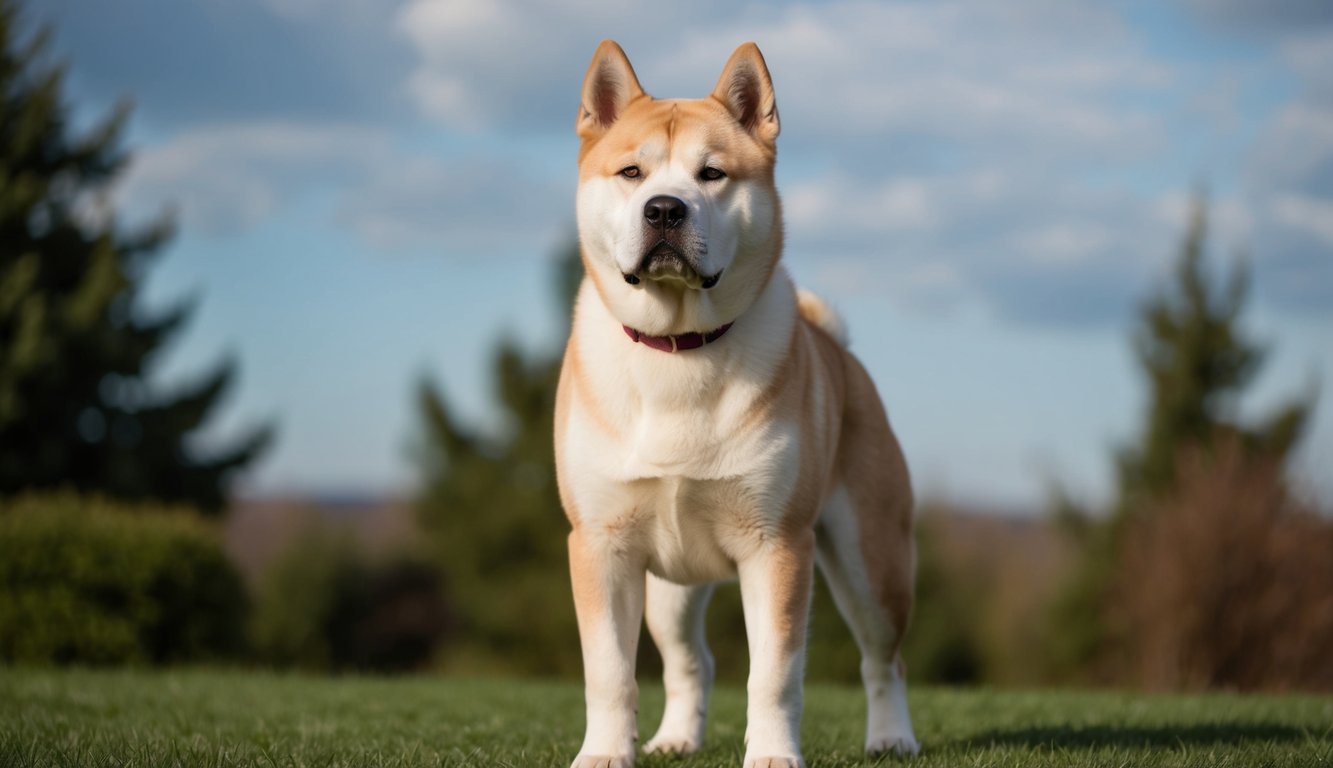 An Akita standing confidently, head held high, with a determined look in its eyes. Its strong and sturdy build exudes intelligence and stubbornness