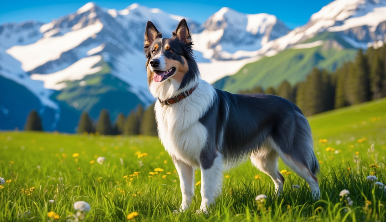 An Appenzeller Sennenhund standing proudly in a lush alpine meadow, with snow-capped mountains in the background