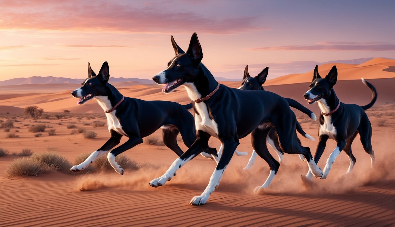 A pack of sleek Azawakh dogs running through a desert landscape at sunset, their long legs and elegant forms in motion