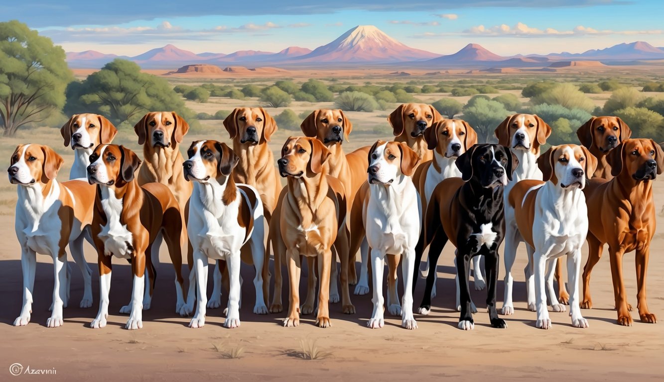 A group of 30 Azawakh dogs standing in a row, each looking in a different direction, with a variety of landscapes in the background