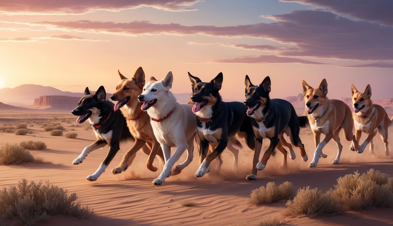 A pack of Azawakh dogs running through a desert landscape at sunset