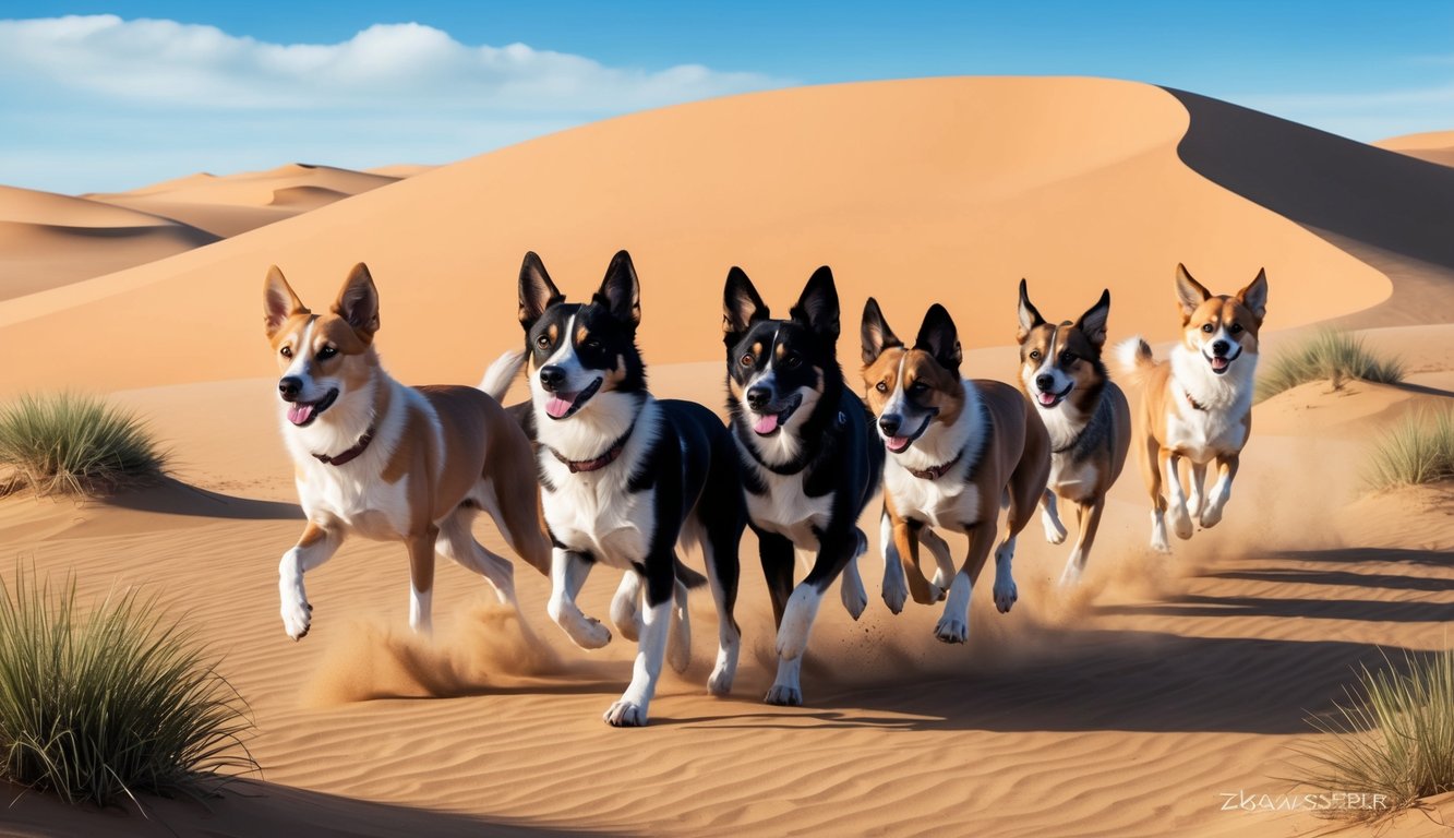 A group of Azawakh dogs running through a desert landscape, with sand dunes and a clear blue sky in the background