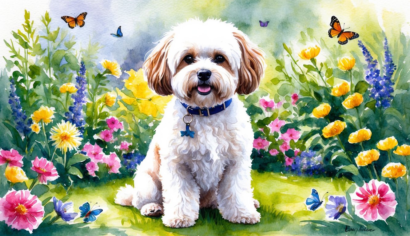 A Bichon Frise dog sitting in a lush garden, surrounded by colorful flowers and butterflies