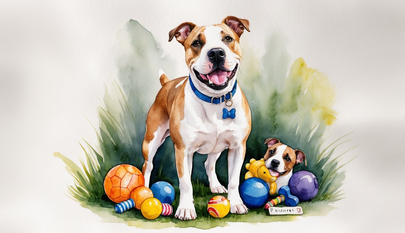 An English Bull Terrier standing proudly with a playful expression, surrounded by a collection of toys and a name tag