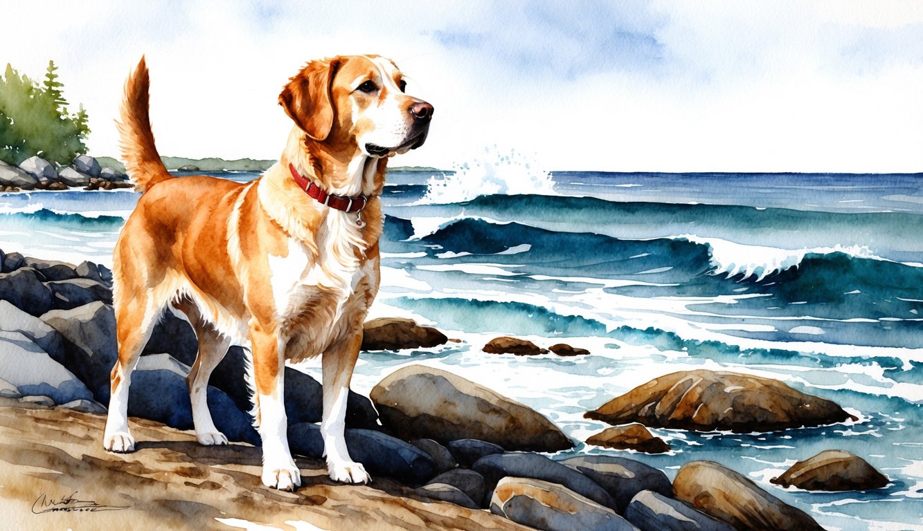 A Chesapeake Bay Retriever standing proudly on a rocky shoreline with waves crashing in the background, gazing out at the open water