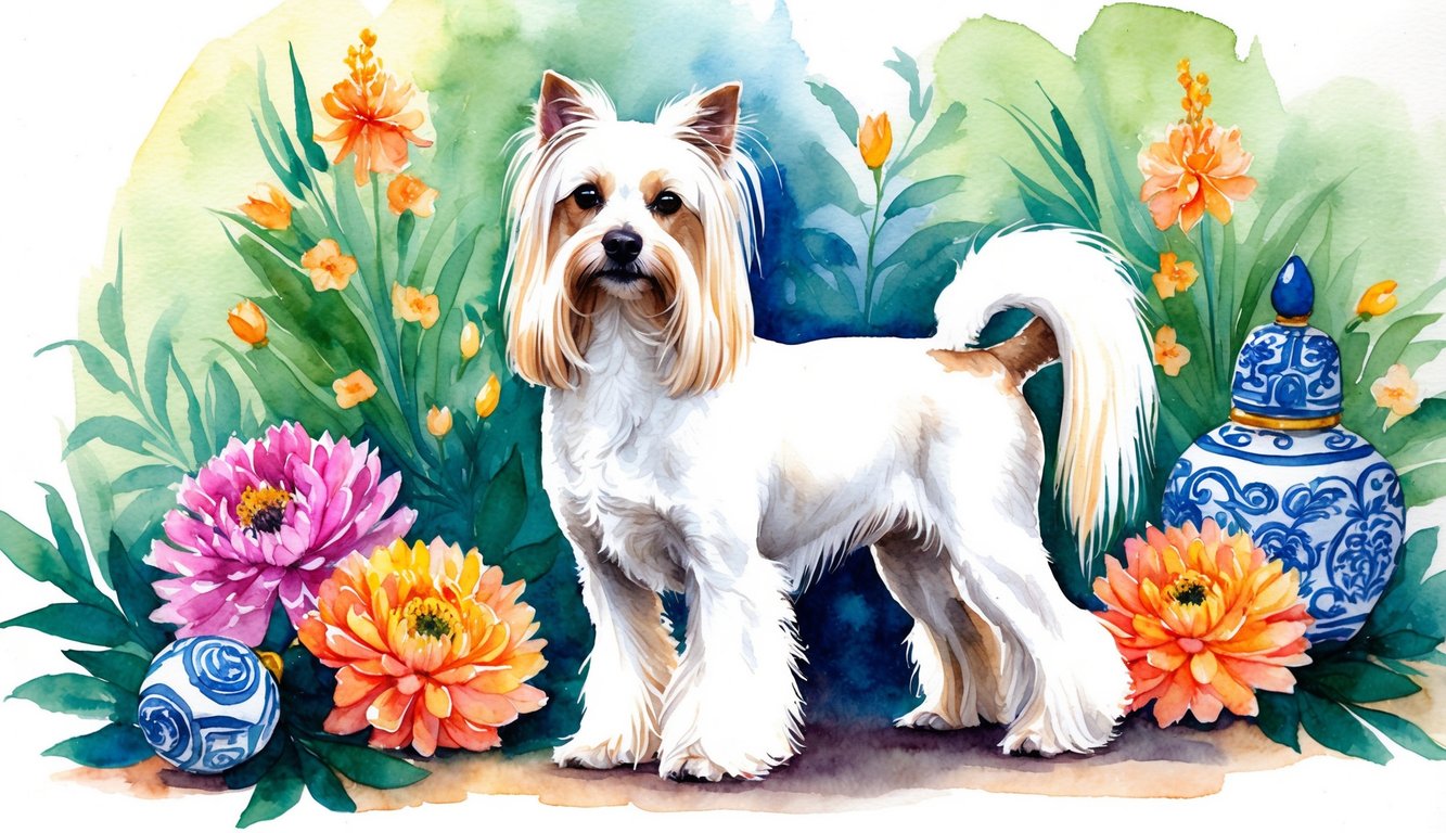 A Chinese Crested dog standing proudly with a regal stance, surrounded by vibrant flowers and traditional Chinese ornaments