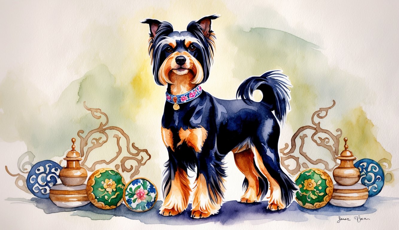 A Chinese Crested dog standing proudly with a regal expression, adorned with a colorful collar and surrounded by traditional Chinese decorative elements