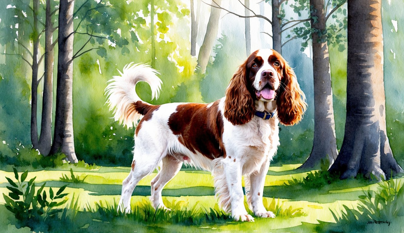 A male Clumber Spaniel stands in a lush forest clearing, surrounded by tall trees and dappled sunlight. His ears hang low and his tail wags happily