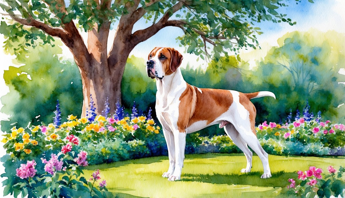 A regal Dogue De Bordeaux stands proudly in a lush garden, surrounded by vibrant flowers and a majestic oak tree