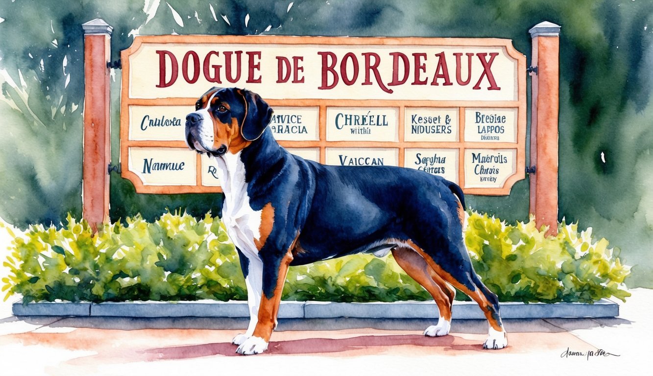 A regal Dogue De Bordeaux stands proudly in front of a sign adorned with various unique names