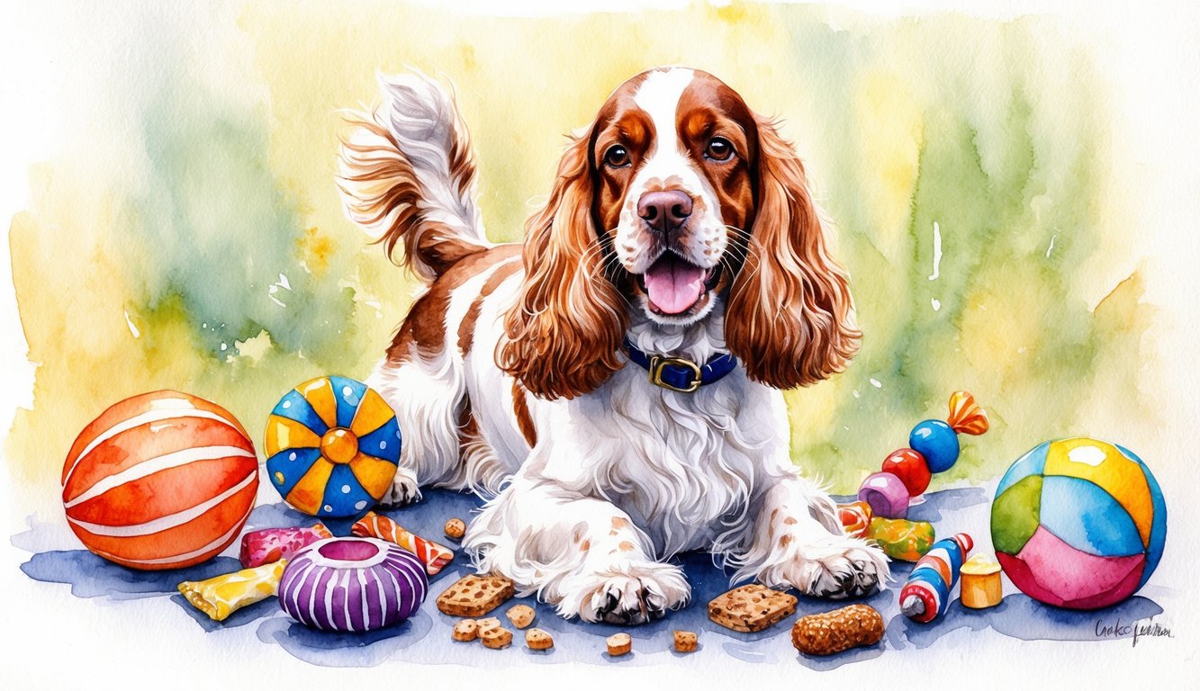 An English Cocker Spaniel surrounded by various toys and treats, wagging its tail eagerly