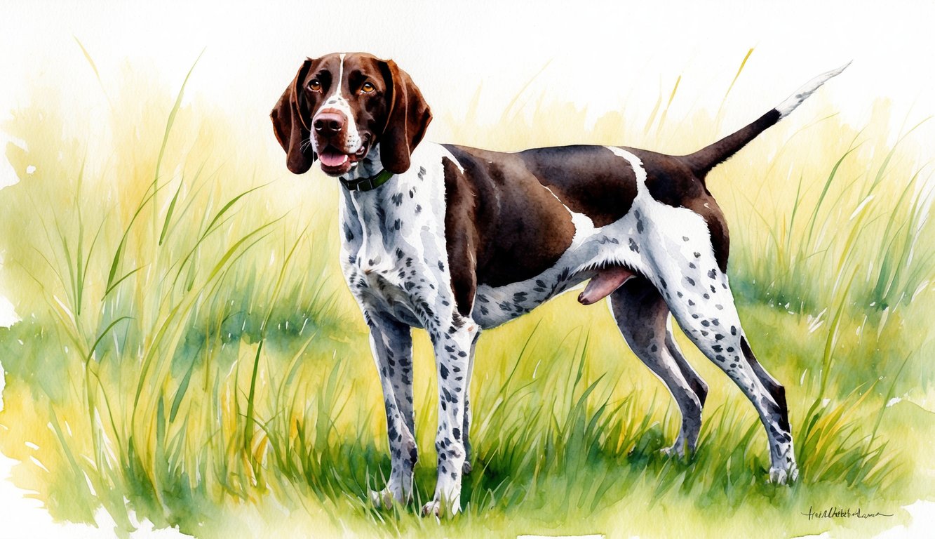 A German Shorthaired Pointer stands proudly in a grassy field, tail wagging and ears alert, with a playful expression on its face