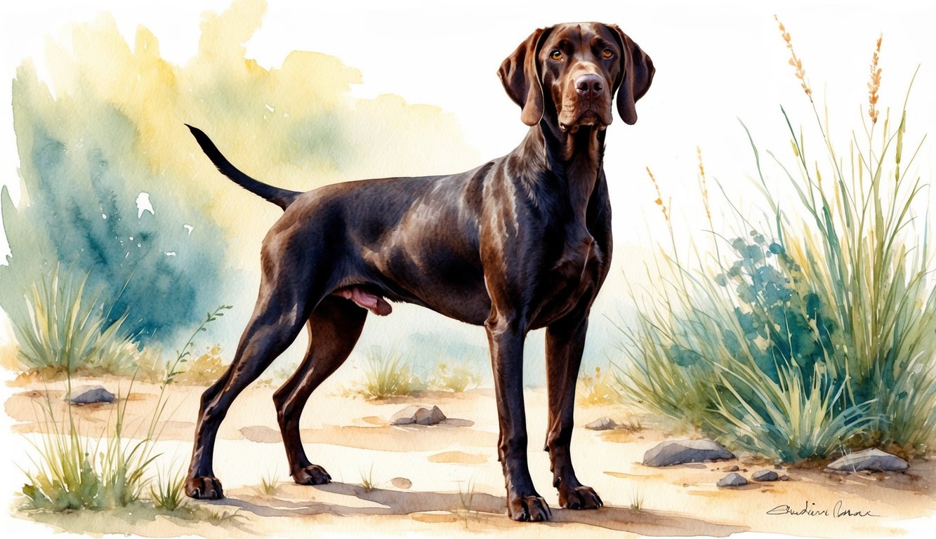 A male German Shorthaired Pointer standing proudly with a confident expression, tail wagging, in a natural outdoor setting