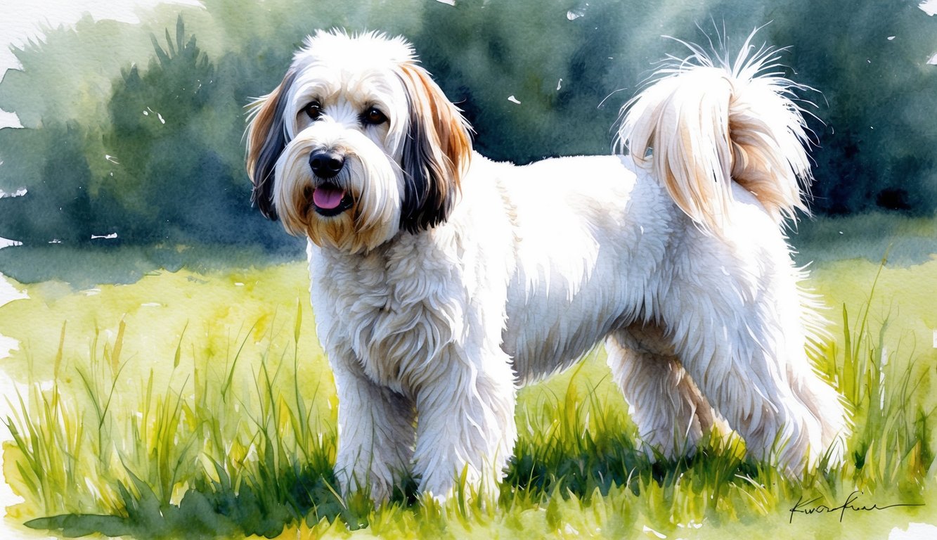 A majestic Kuvasz dog standing proudly in a grassy field, with its thick white fur shining in the sunlight