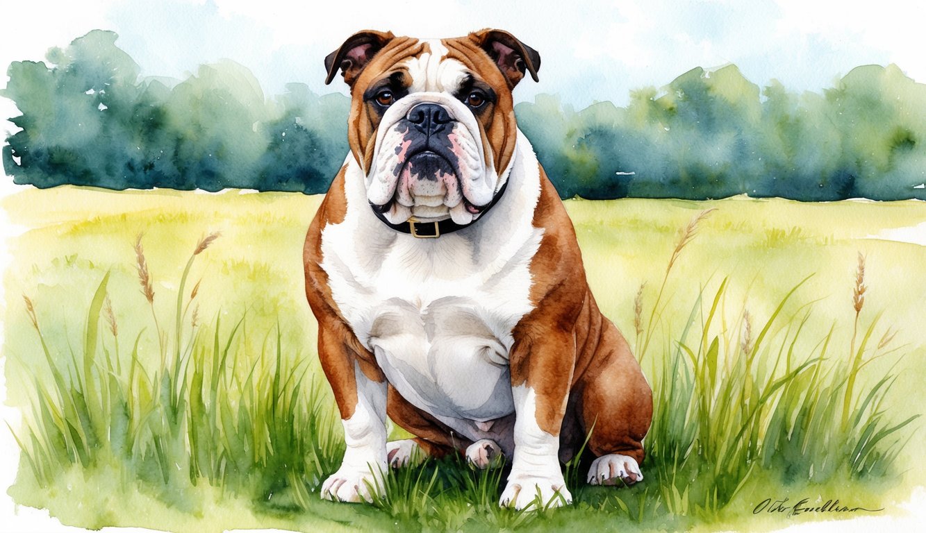 An Olde English Bulldogge sitting proudly in a grassy field, with a sturdy build and a strong, confident expression