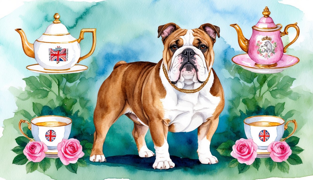 A female Olde English Bulldogge standing proudly with a regal expression, surrounded by traditional English symbols like tea and roses