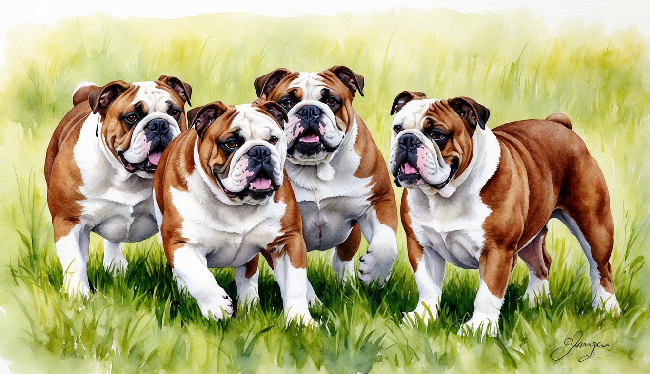 A group of Olde English Bulldogges playfully interacting in a grassy field, displaying their unique and strong features