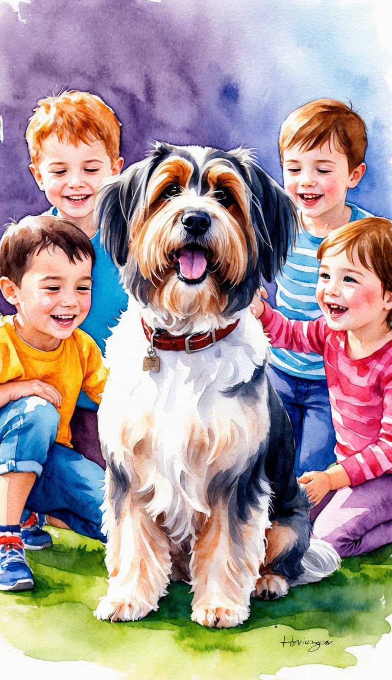 A Havanese dog wagging its tail and surrounded by playful children