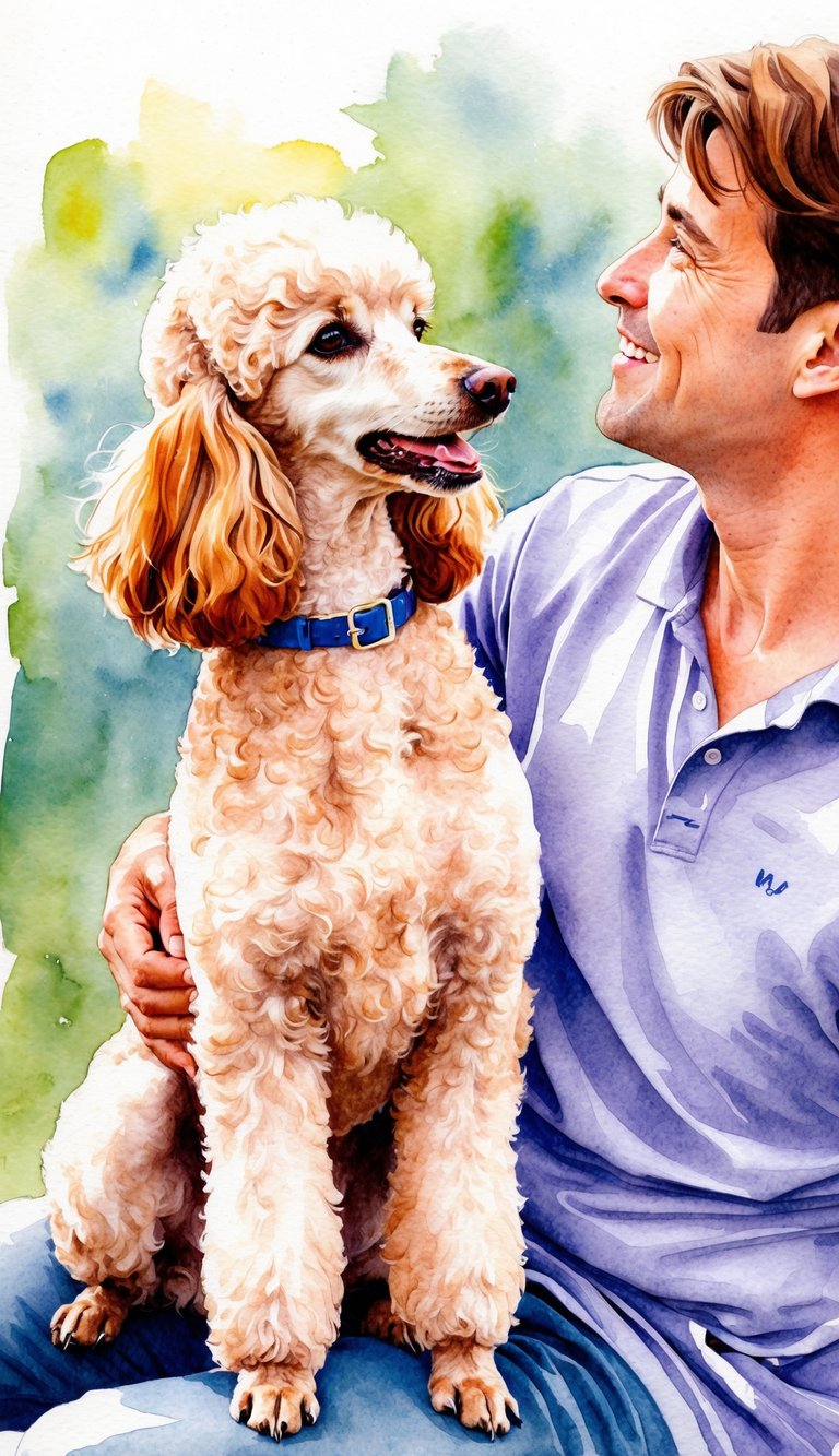 A poodle sitting by its owner's side, wagging its tail and looking up at them with adoring eyes