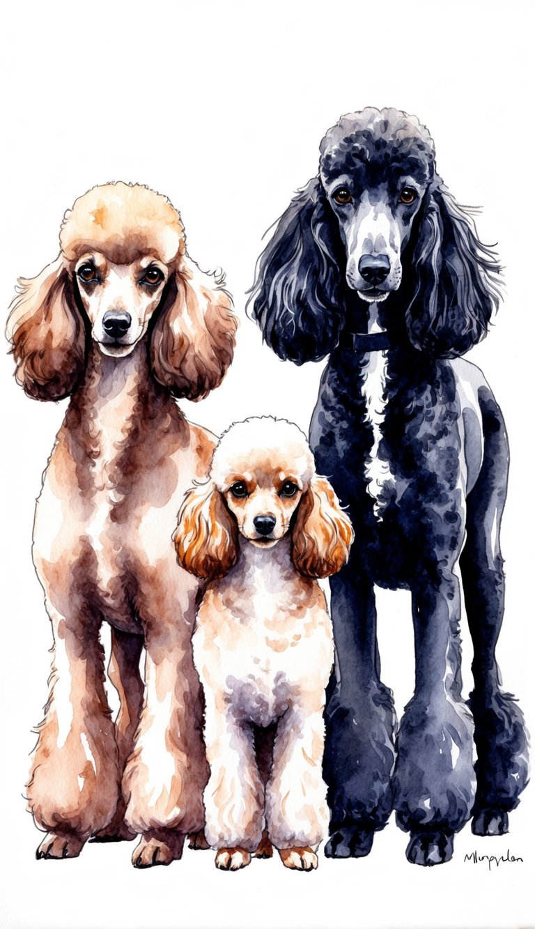 A toy poodle, a miniature poodle, and a standard poodle stand side by side, showcasing their different sizes