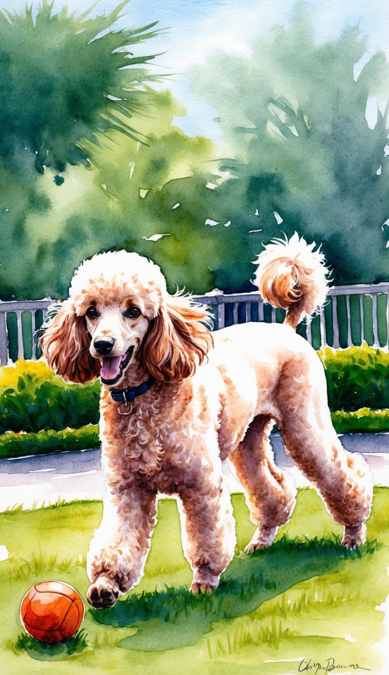 A poodle eagerly wagging its tail, ready to play fetch in a well-groomed backyard