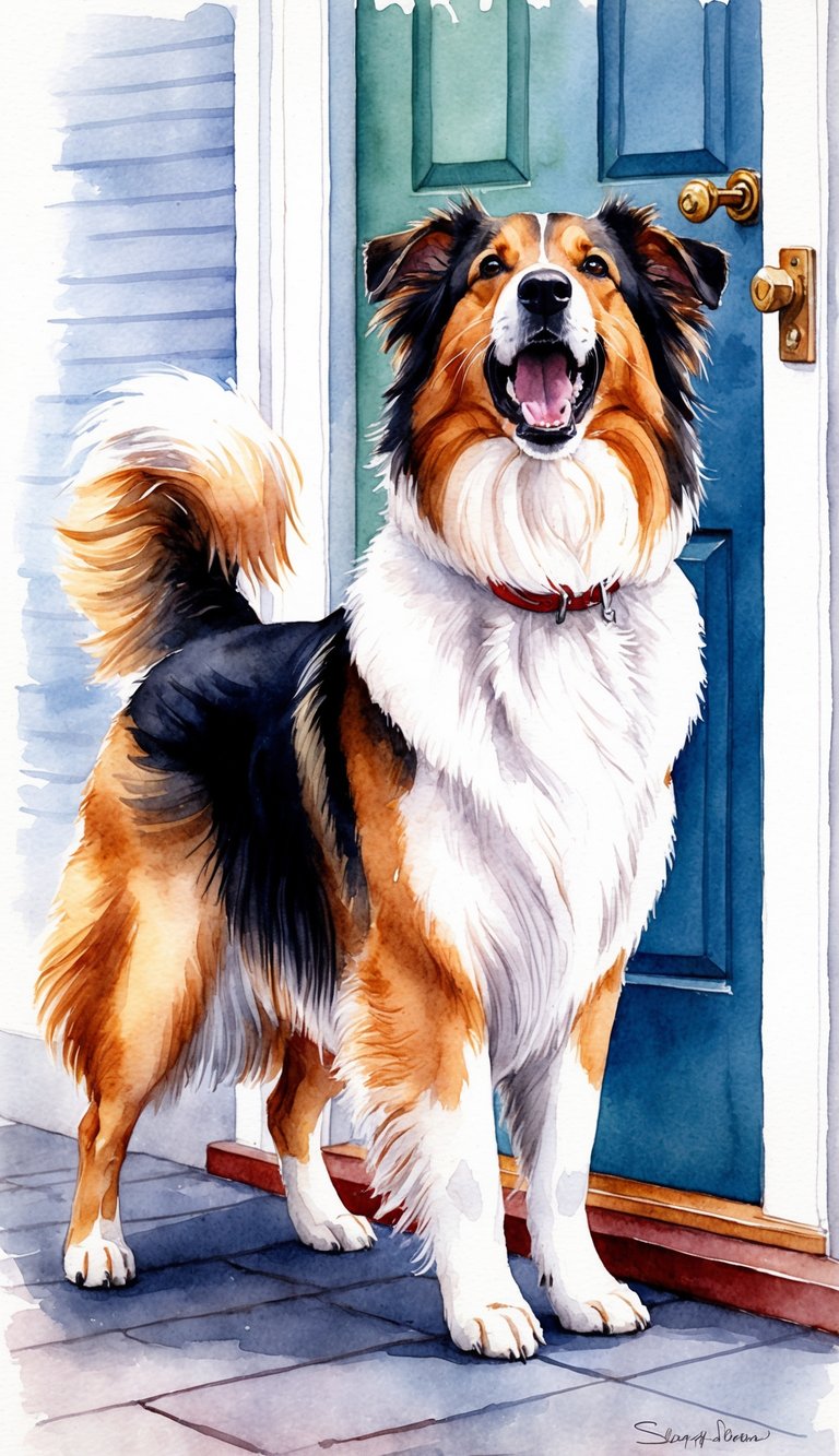 A Sheltie barking eagerly at the door, while wagging its tail with excitement