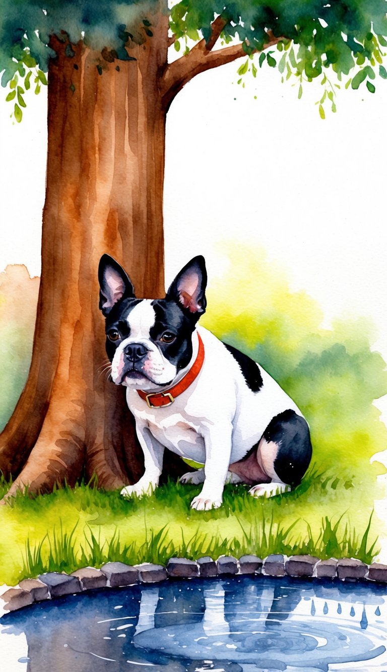 A Boston Terrier seeking shade under a tree on a hot day, with a cold rain puddle nearby