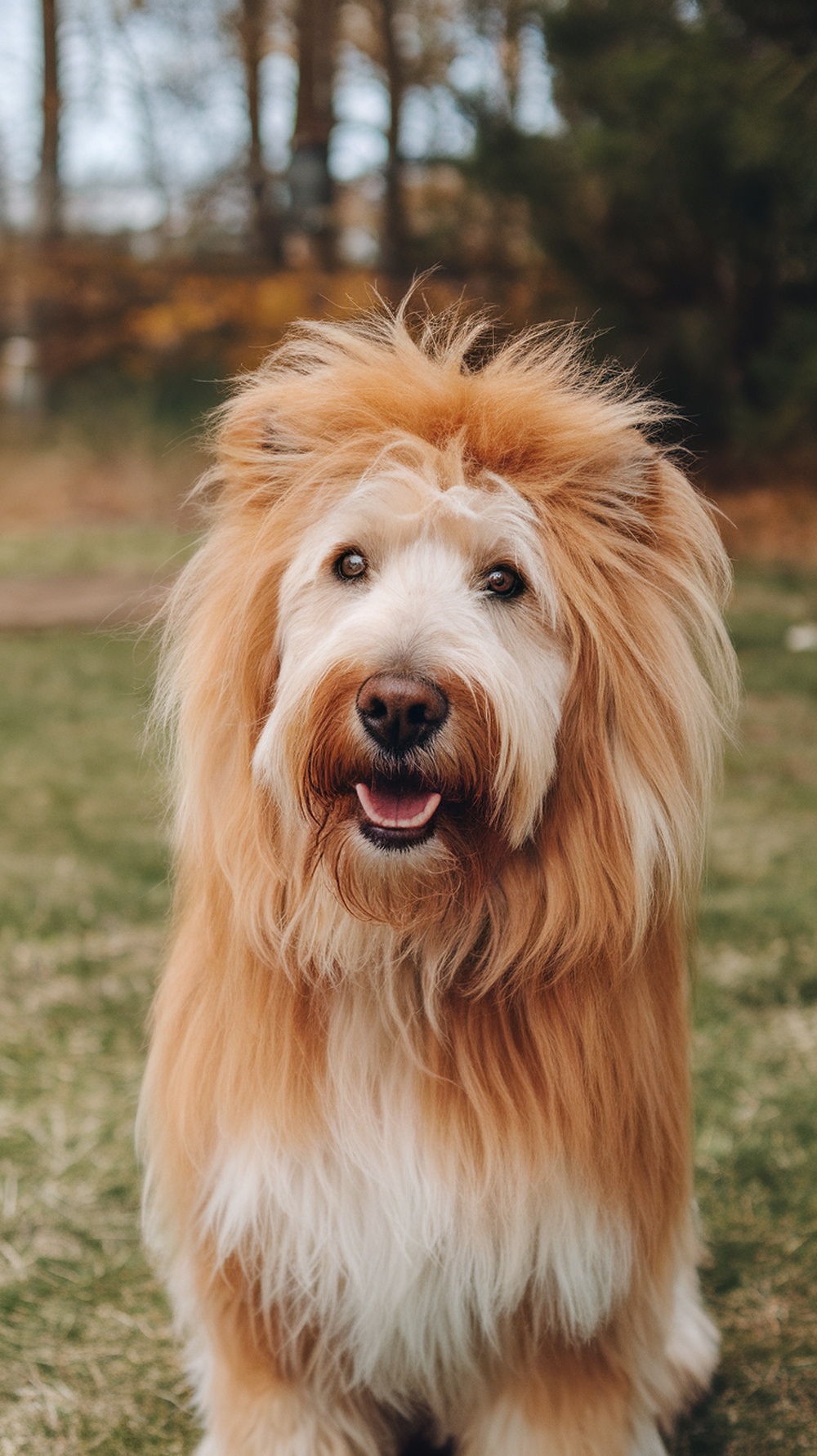 A labradoodle with a lion cut, showcasing a fluffy mane and trimmed body.