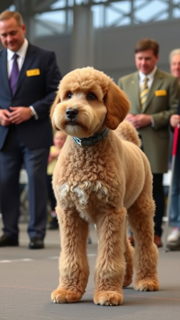 A well-groomed labradoodle with a show cut, displaying a ribbon for excellence.