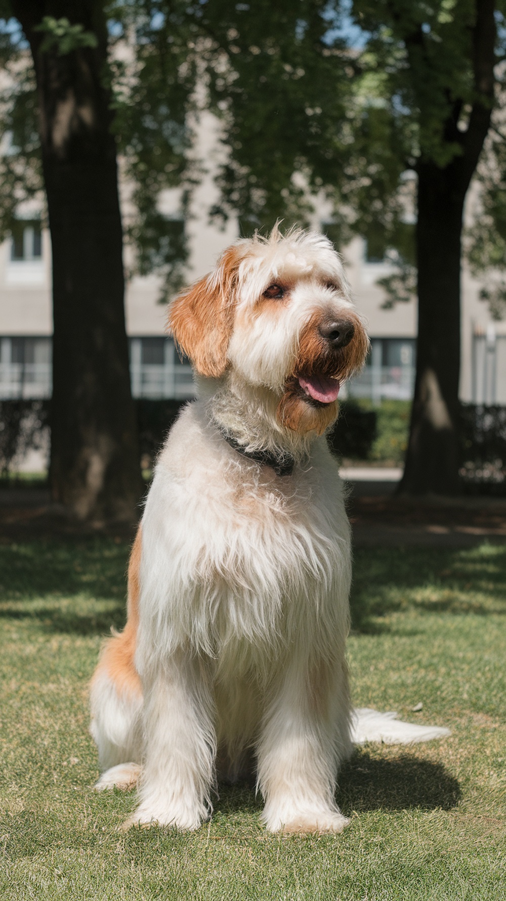 A labradoodle sitting on the grass with a fluffy coat.