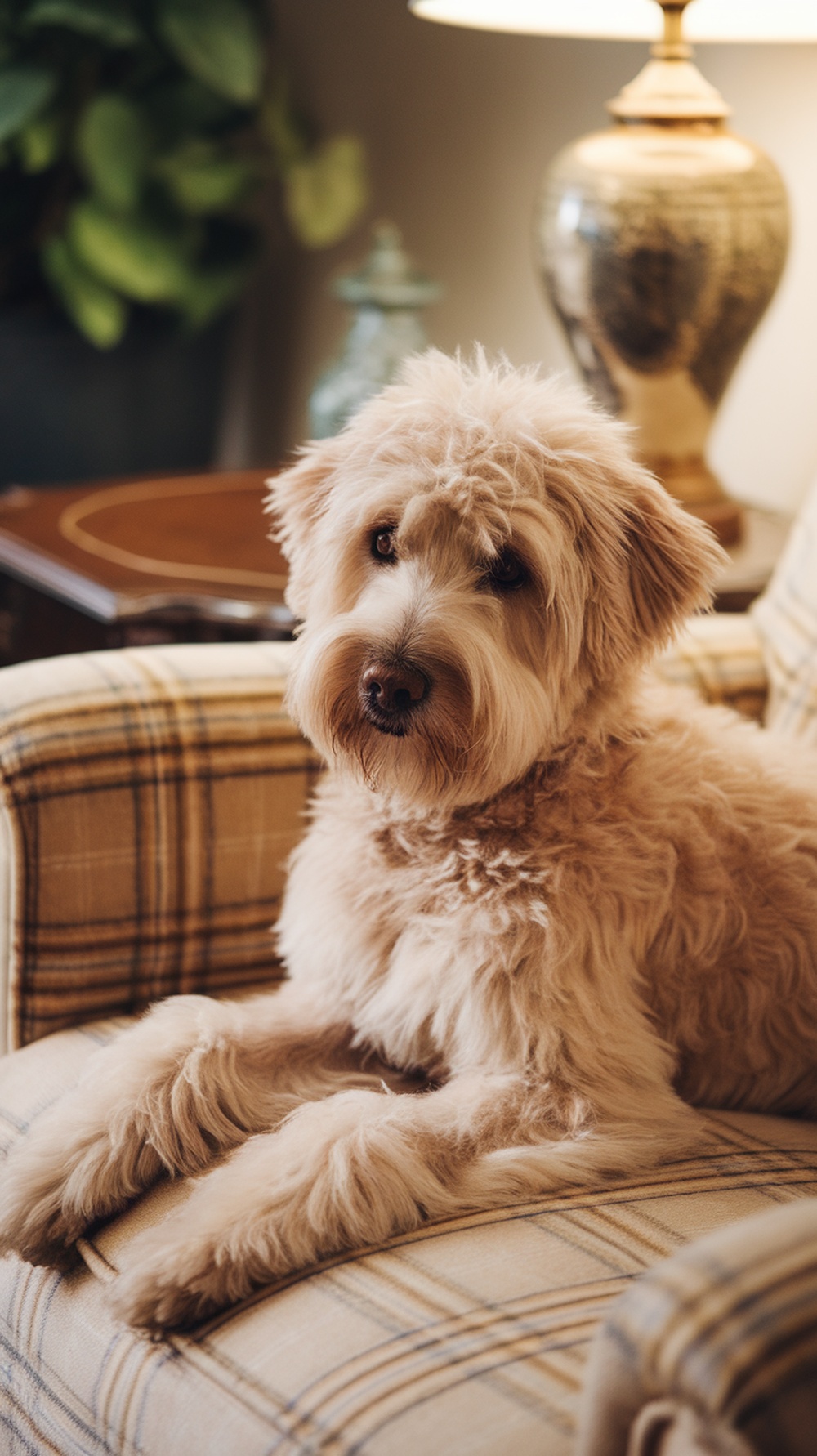 A labradoodle with a teddy bear cut, sitting comfortably on a sofa.